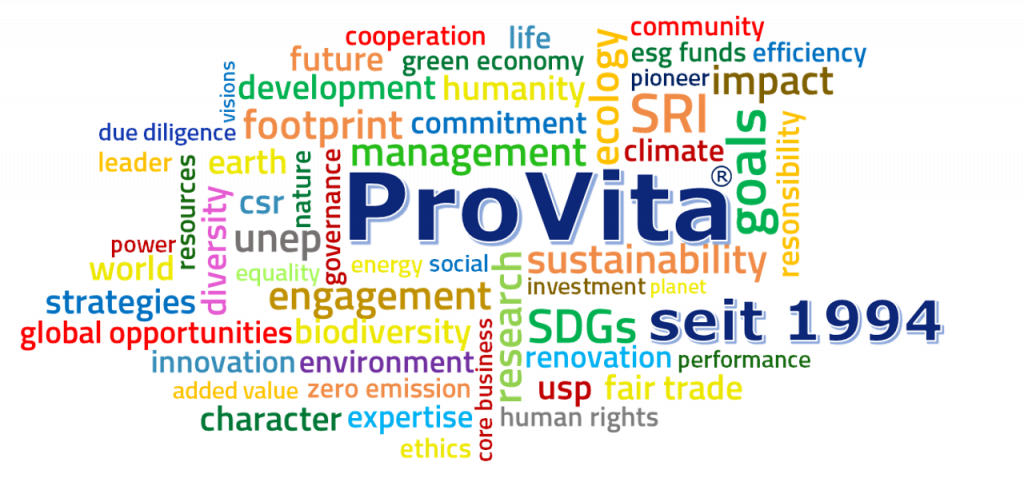 ProVita Logo seit 1994 mit Stichwörtern für die wir stehen